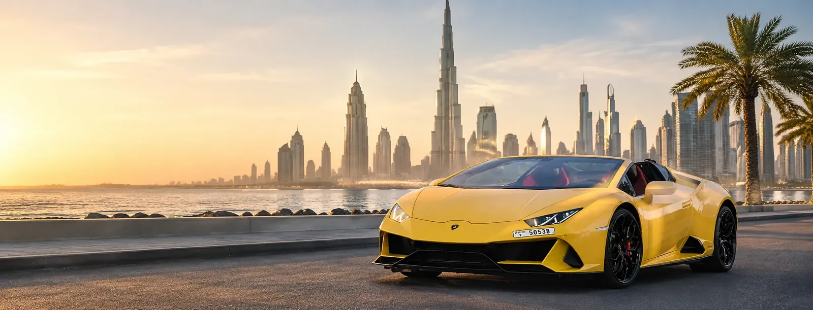 Sports car on the waterfront with the Dubai skyline behind it